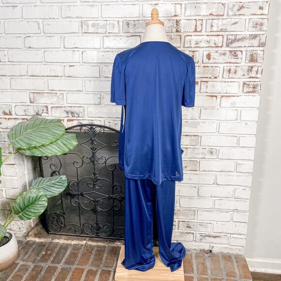 Vintage 70s Blue Floral Lace Detail Short Sleeve Button Down Lightweight Set S - Picture 7 of 8